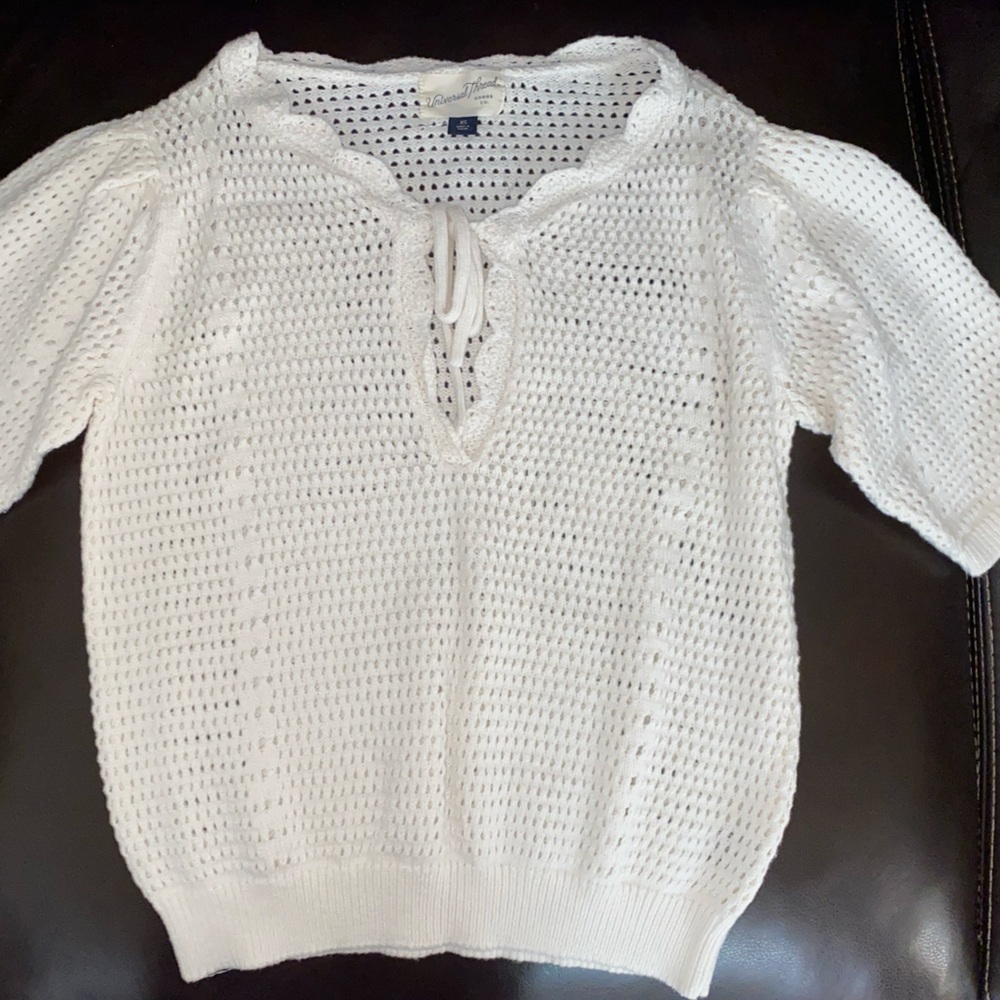 Universal Thread White Open-Weave Short Sleeve Sweater with Tie